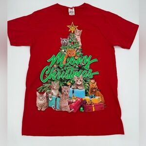 Meowy Christmas Cute Cat Kitten Red Christmas Graphic T-Shirt - Men’s Size Small